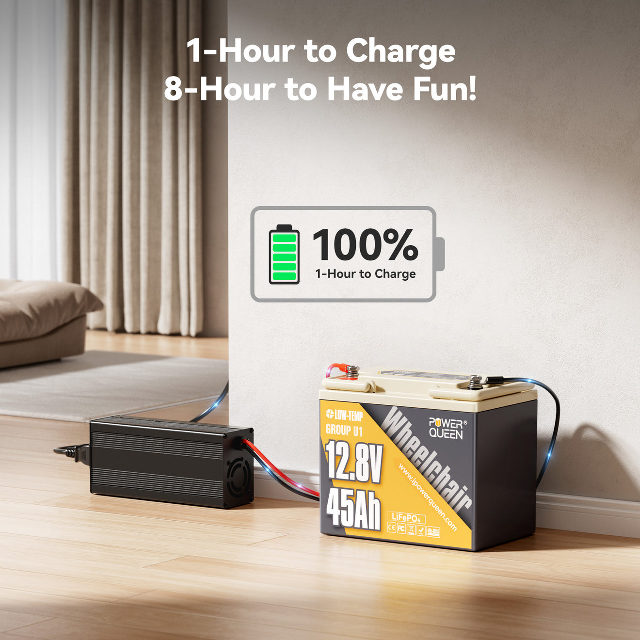 Power Queen 12V 45Ah Group U1 Lithium Battery