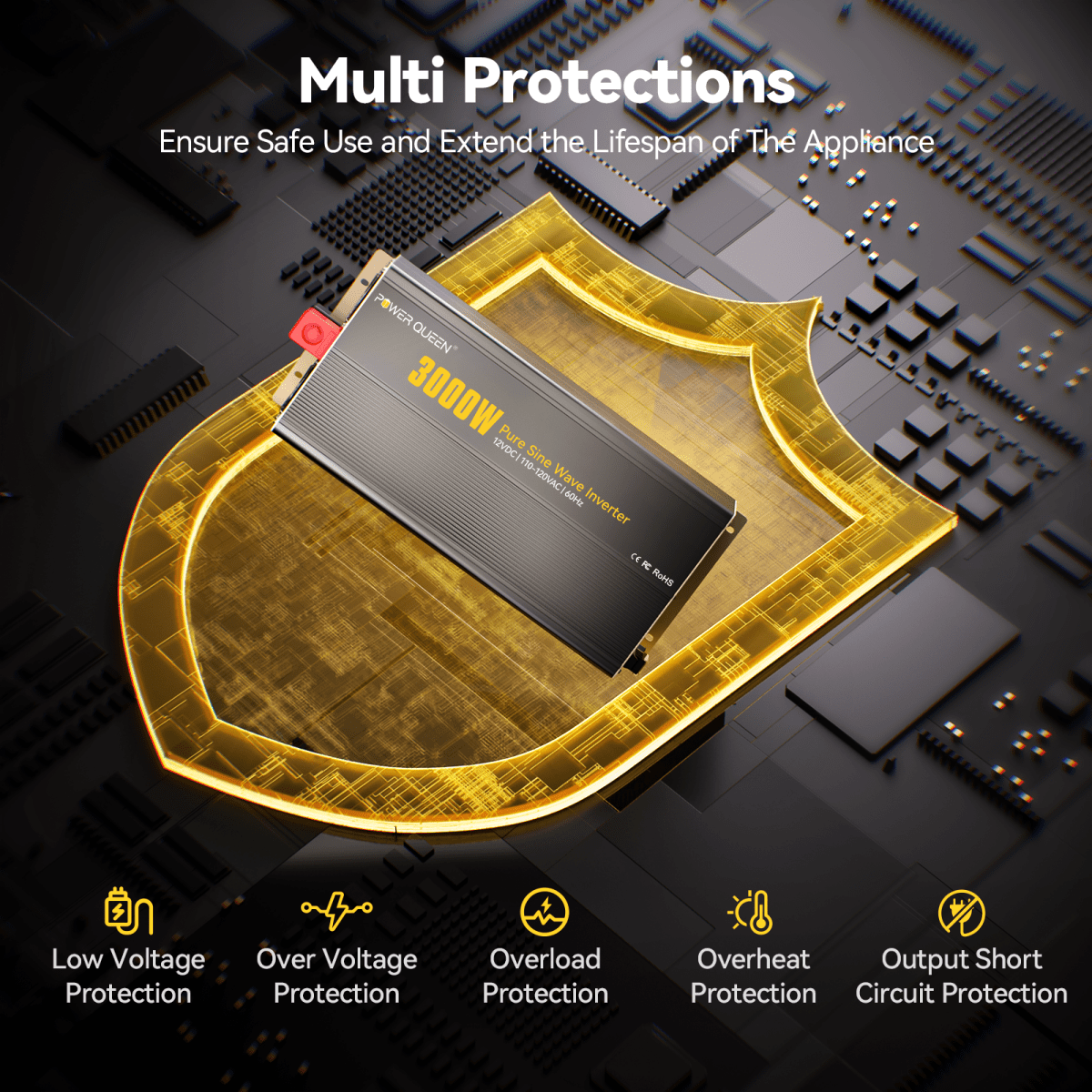 Power Queen 3000W Pure Sine Wave Inverter 12V DC to 110V AC Converter with 7 Outlets & LCD Remote Control