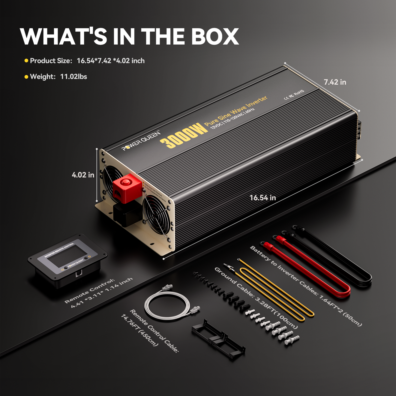 Power Queen 3000W Pure Sine Wave Inverter 12V DC to 110V AC Converter with 7 Outlets & LCD Remote Control