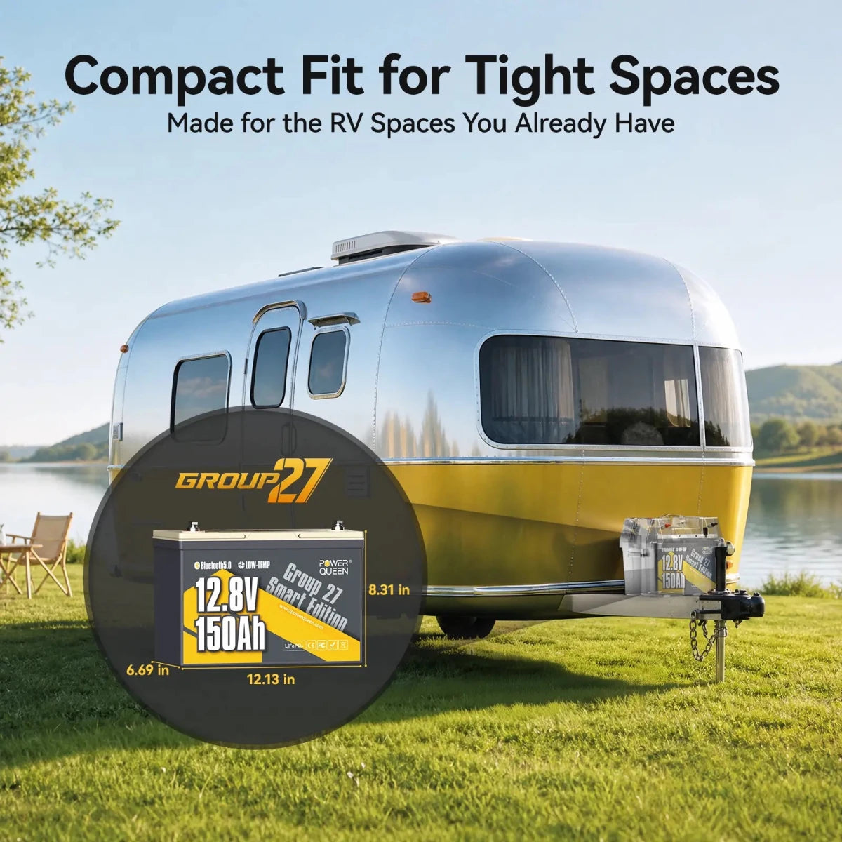 Compact Group 27 sized Power Queen 12v 150ah group 27 deep cycle lithium battery installed on an RV travel trailer