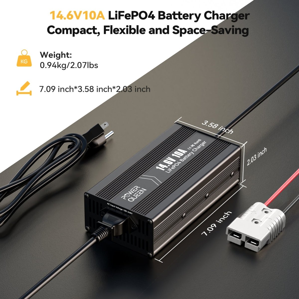 Compact size and dimensions of Power Queen 14.6V 10A LiFePO4 charger