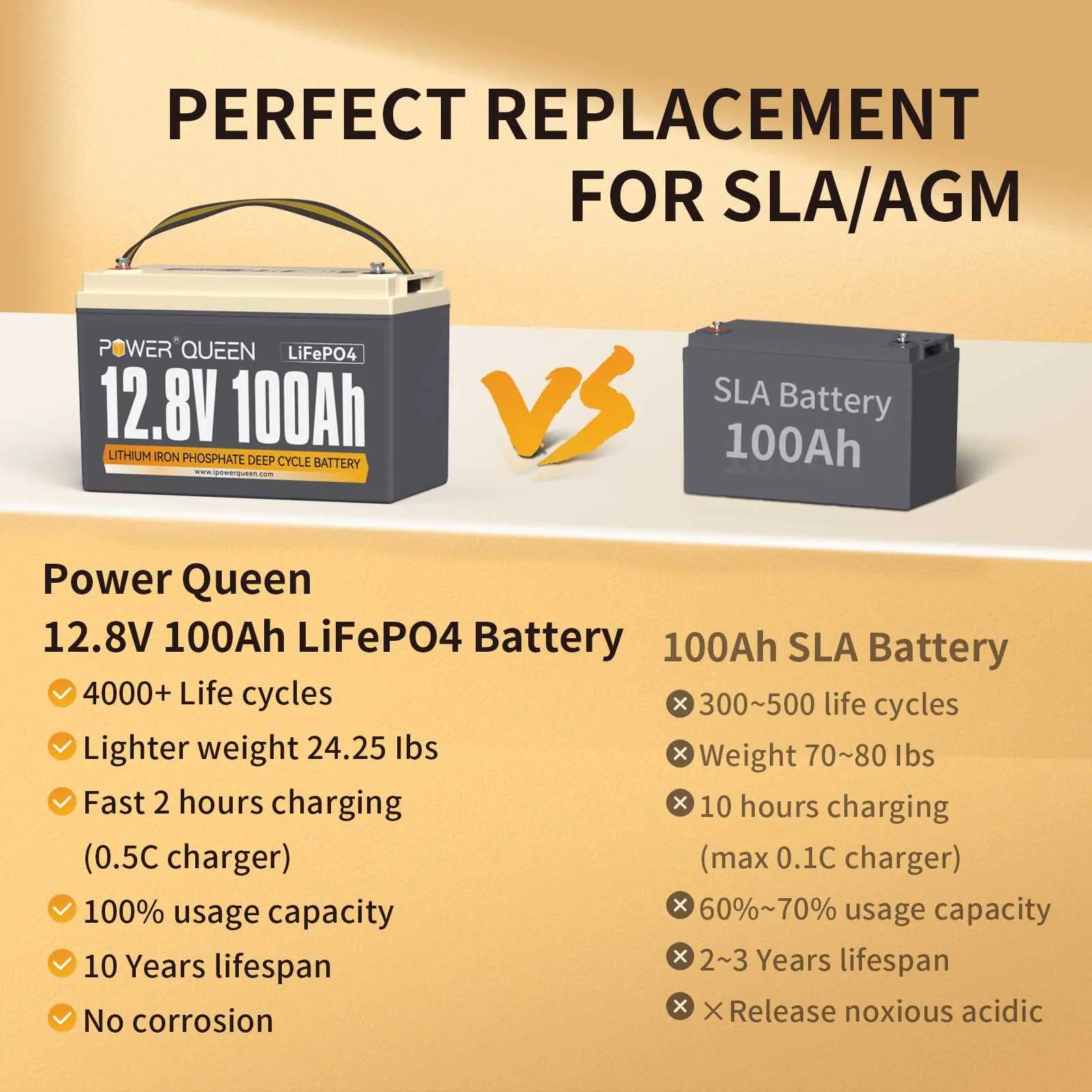 Power Queen 12.8V 100Ah LiFePO4 Battery, Built-in 100A BMS Power Queen