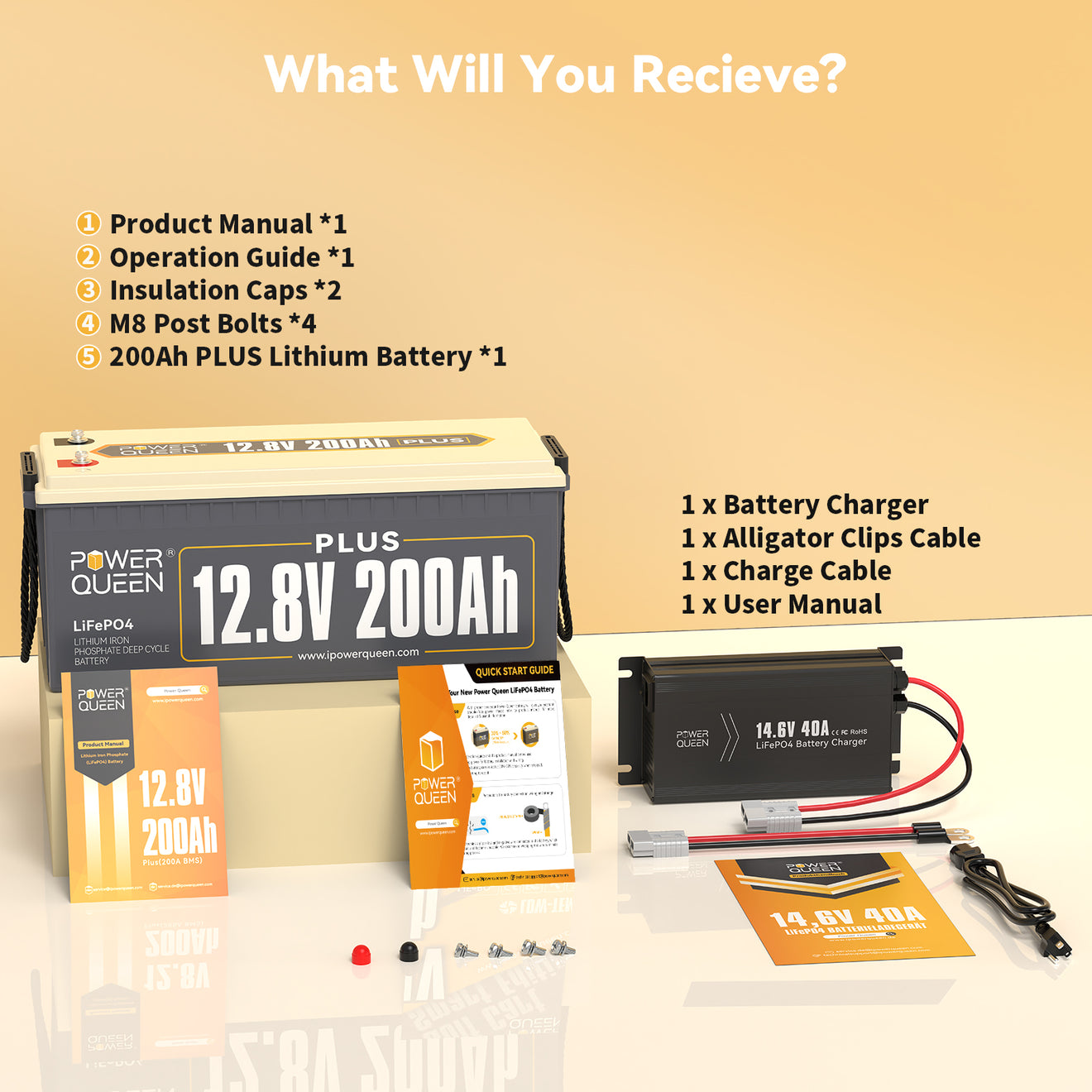 Power Queen 12V 40A Charger Kit With 12V 200Ah Plus Deep Cycle Lithium Battery