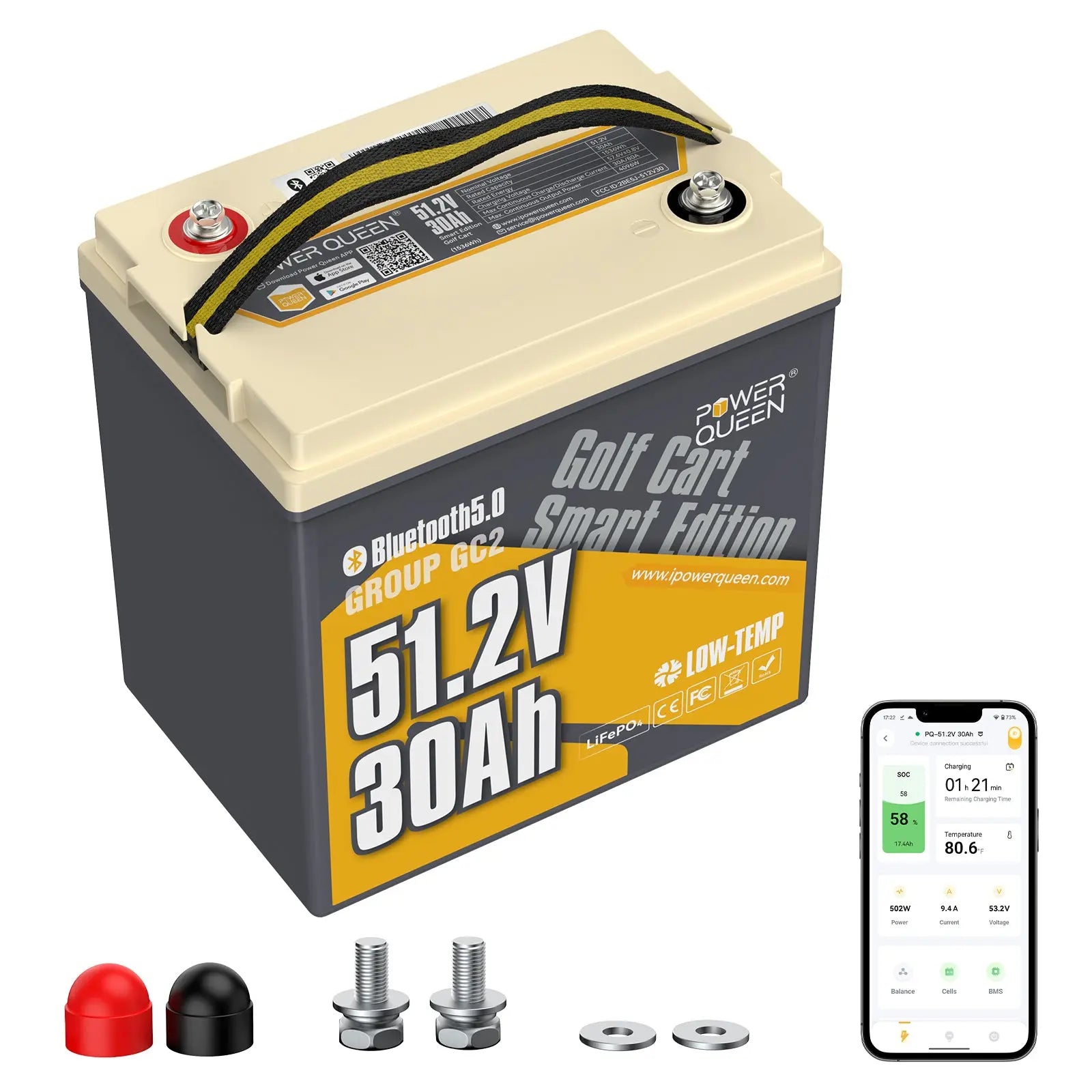 [Free MPPT For 4pack] Power Queen 48V (51.2V) 30Ah GC2 Golf Cart Smart Lithium Battery Power Queen