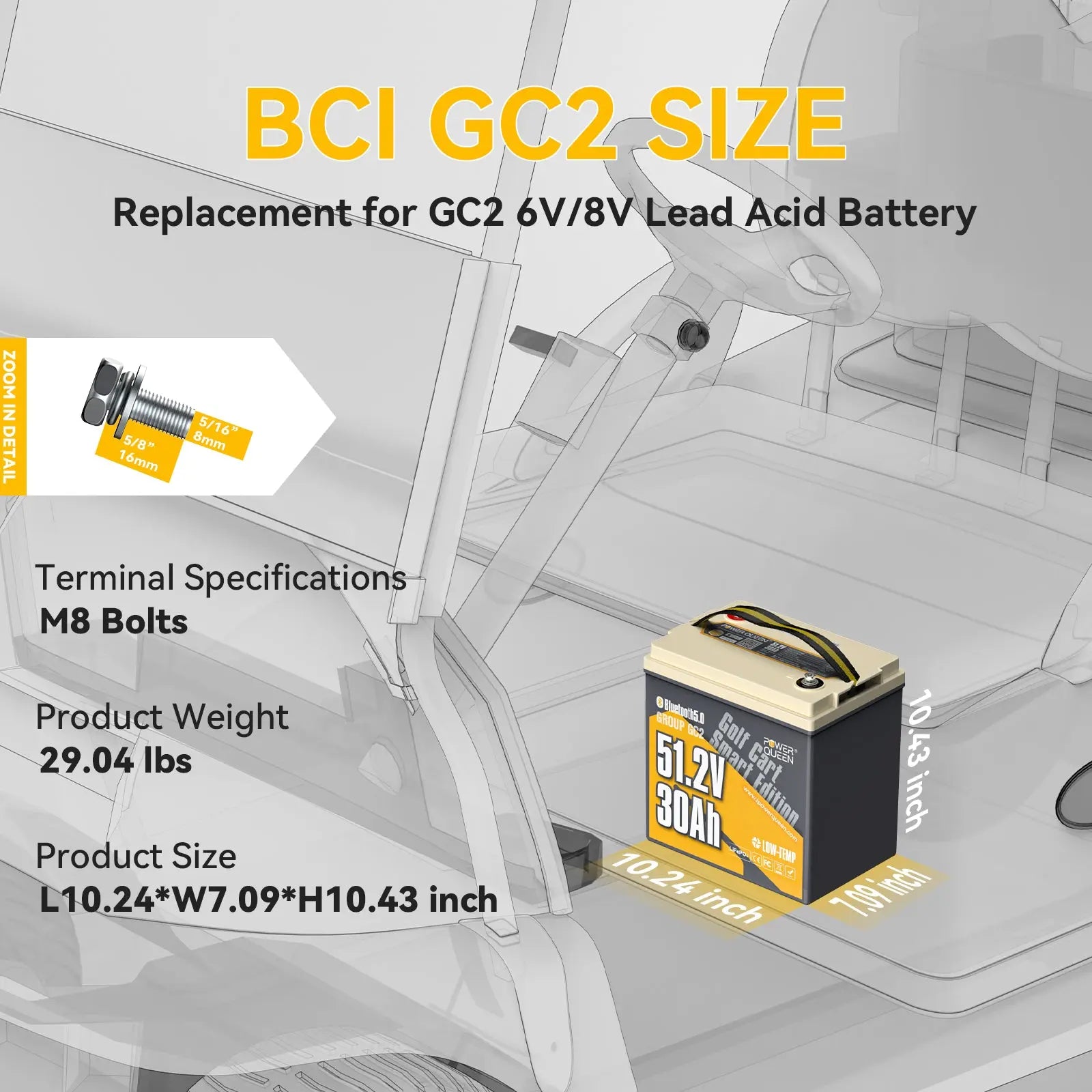 the BCI GC2 size of Power Queen 48V (51.2V) 30Ah GC2 Golf Cart Smart Lithium Battery