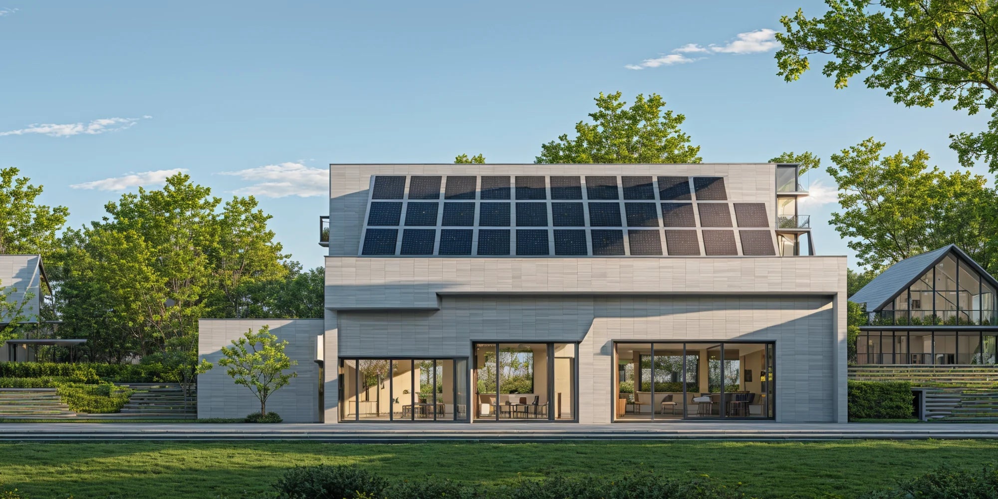 Modern house with solar panels on the roof and Power Queen 24V LiFePO4 Battery