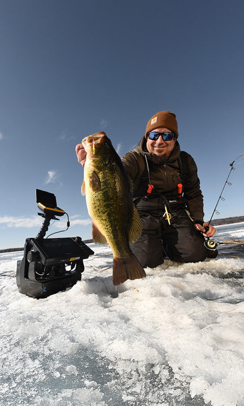 Power Queen lithium battery powering ice fishing on frozen lake