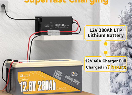 Power Queen 12V 40A Charger Kit With 12V 280Ah Low-Temp Deep Cycle Lithium Battery