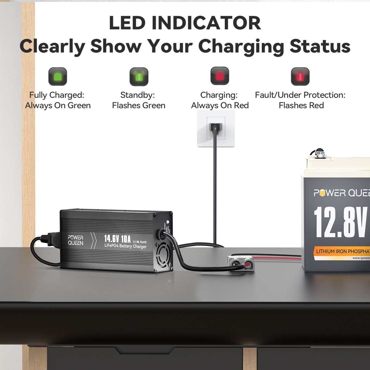 LED indicator of Power Queen 14.6V 10A charger showing charging status