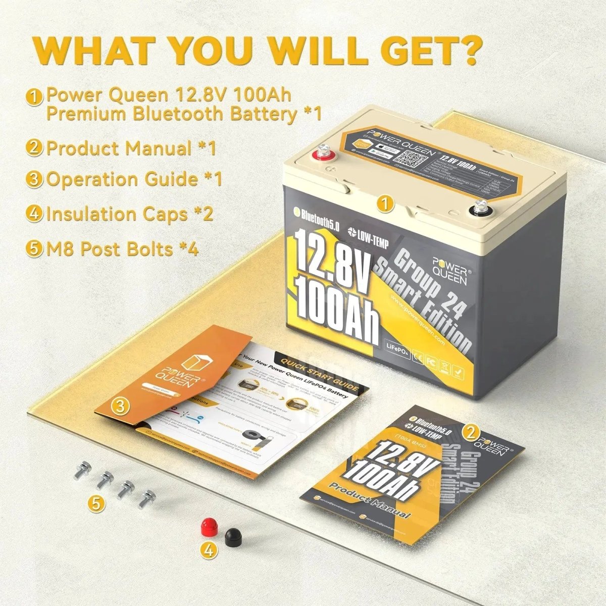 [Like New] Power Queen 12V 100Ah Group 24 Smart Deep Cycle Lithium Battery Power Queen