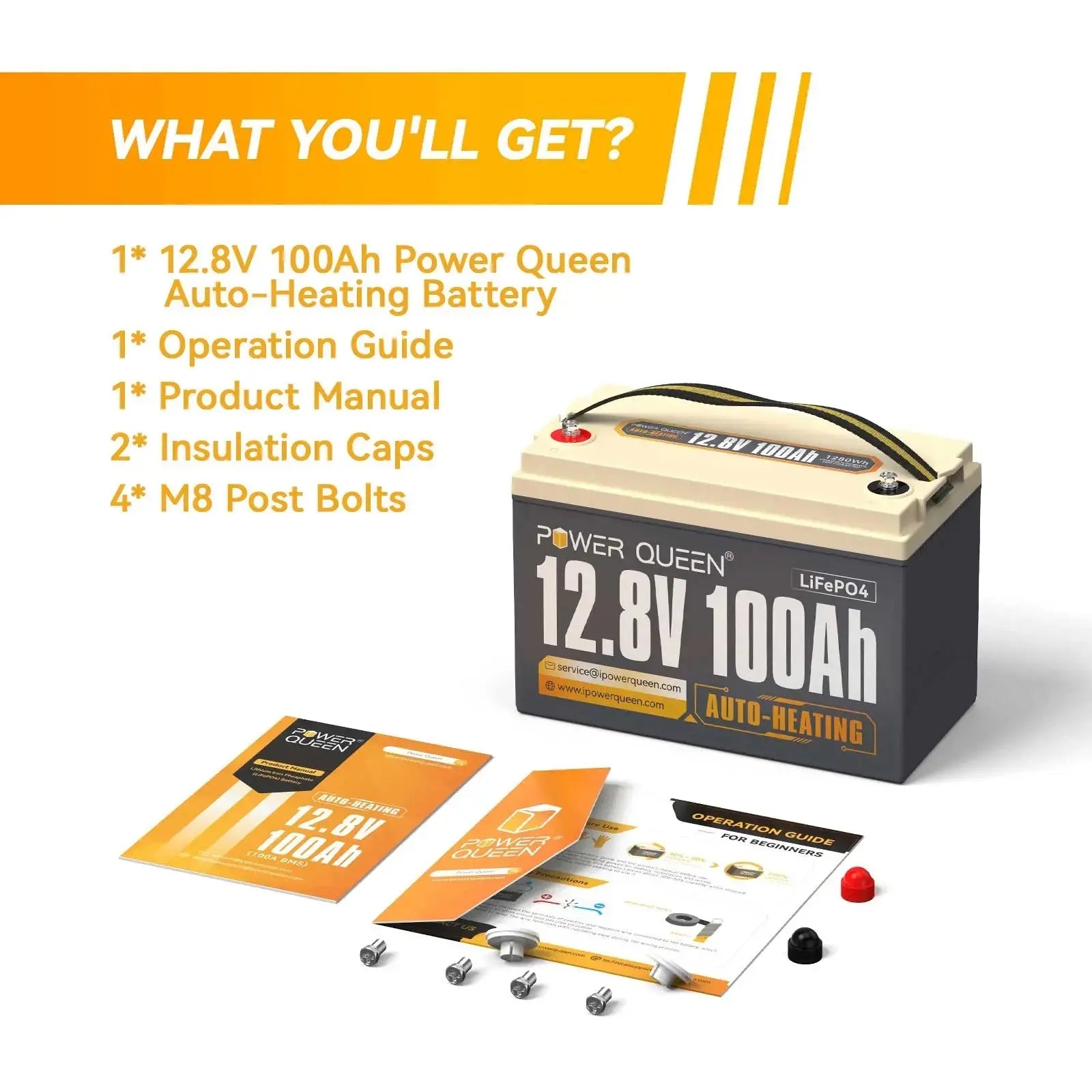 Power Queen 12.8V 100Ah Self-Heating Lithium Battery, Built-in 100A BMS Power Queen