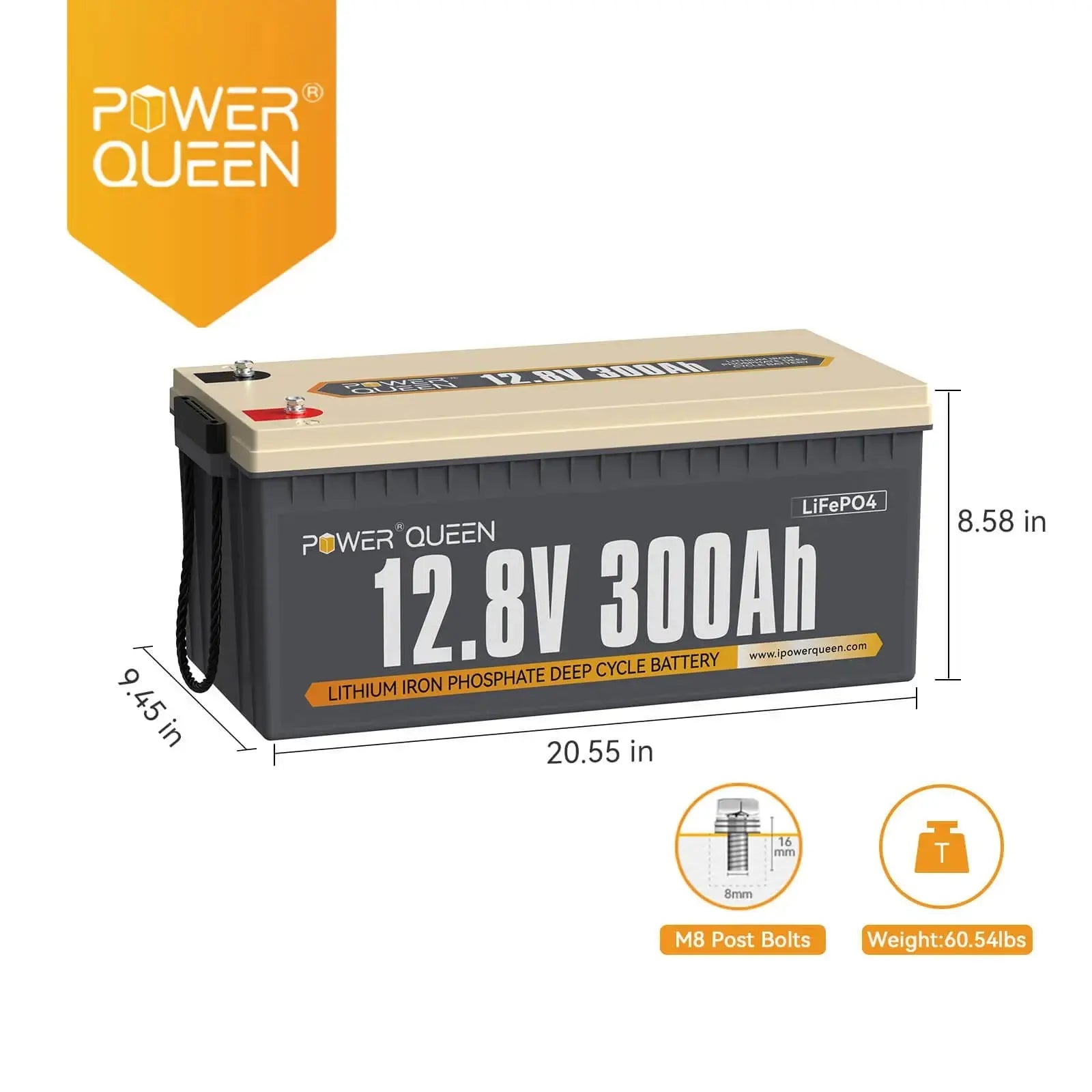 Power Queen 12V 300Ah 3.84kWh LiFePO4 Lithium Battery, Built-in