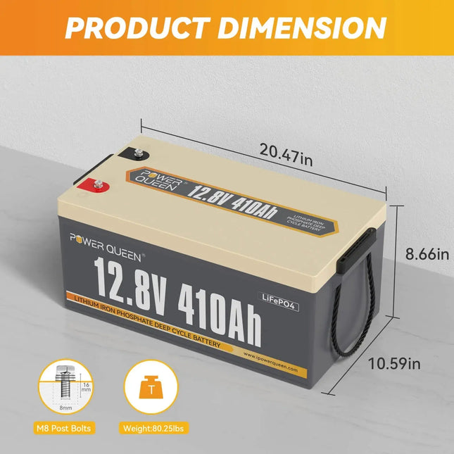 Power Queen 12.8V 410Ah LiFePO4 Battery, Built-in 250A BMS Power Queen