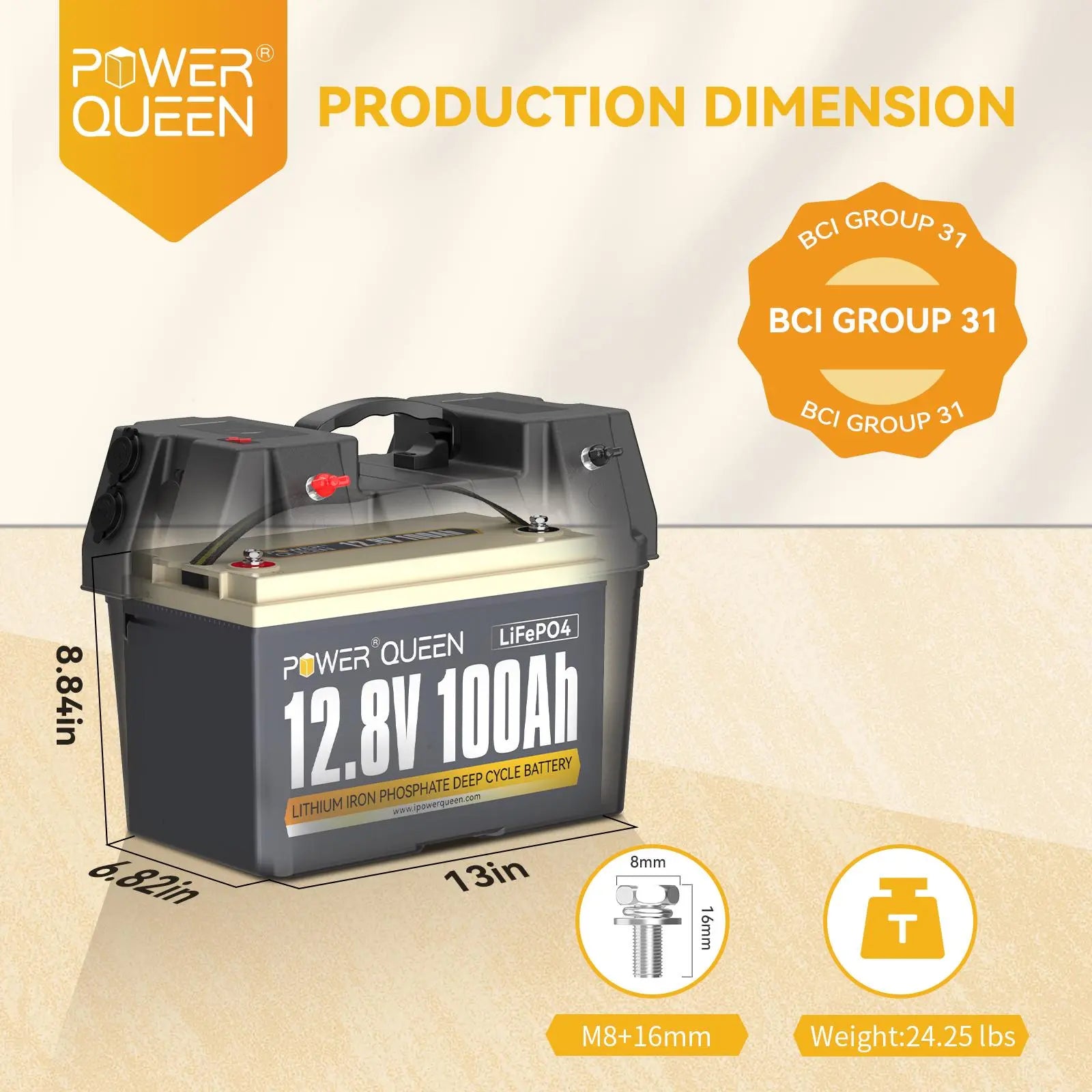 the dimension of Power Queen 12V 100Ah Deep Cycle Lithium Battery