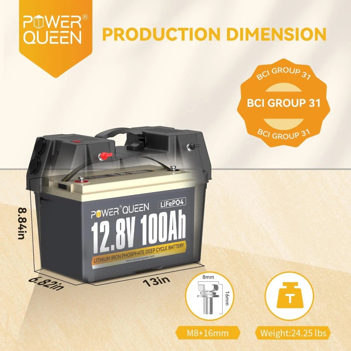 the dimension of Power Queen 12V 100Ah Deep Cycle Lithium Battery
