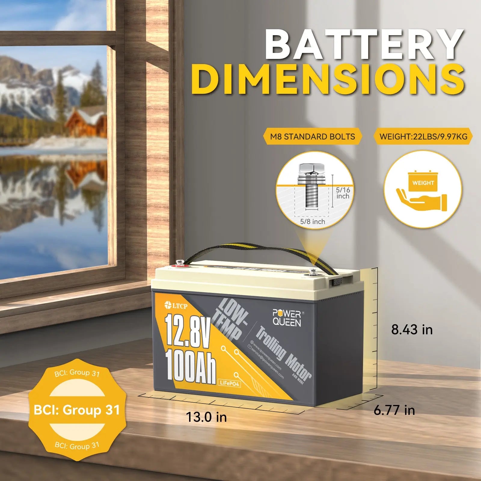 the dimensions of Power Queen 12V 100Ah Low-Temp Deep Cycle Lithium Battery