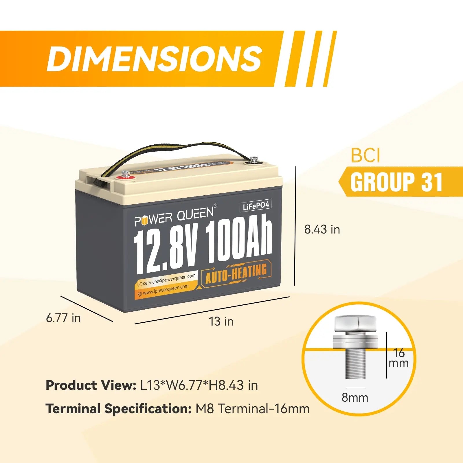 the dimensions of Power Queen 12V 100Ah Self-Heating Deep Cycle Lithium Battery