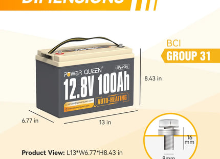 the dimensions of Power Queen 12V 100Ah Self-Heating Deep Cycle Lithium Battery