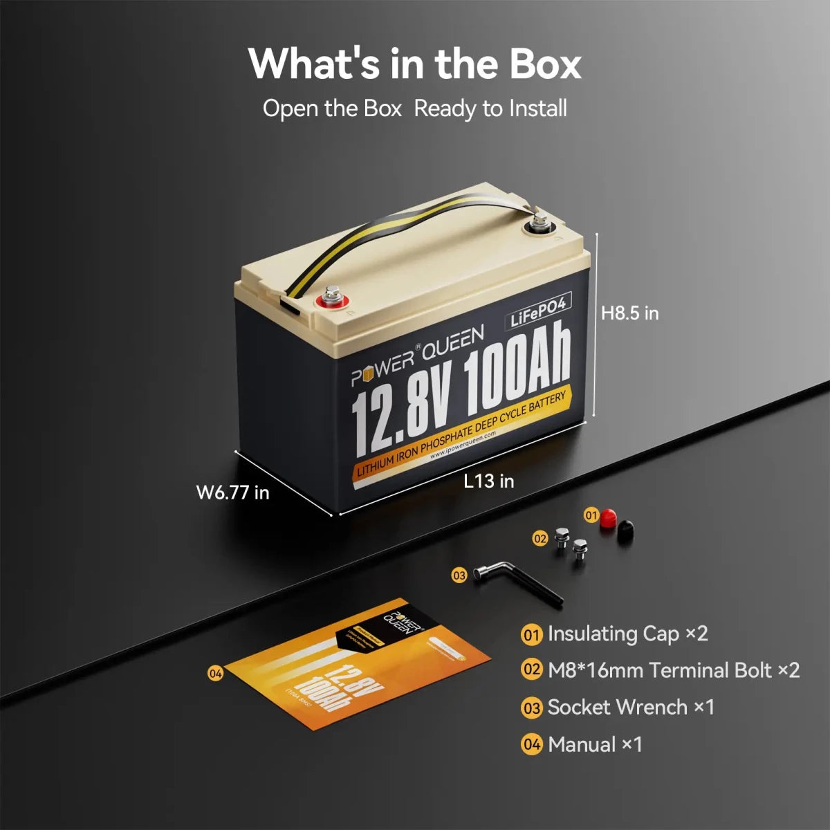 Power Queen-What‘s in the box,Insulating Cap x2,02 M8*16mm ,Terminal Bolt x2,Socket Wrench x1,Manual x1