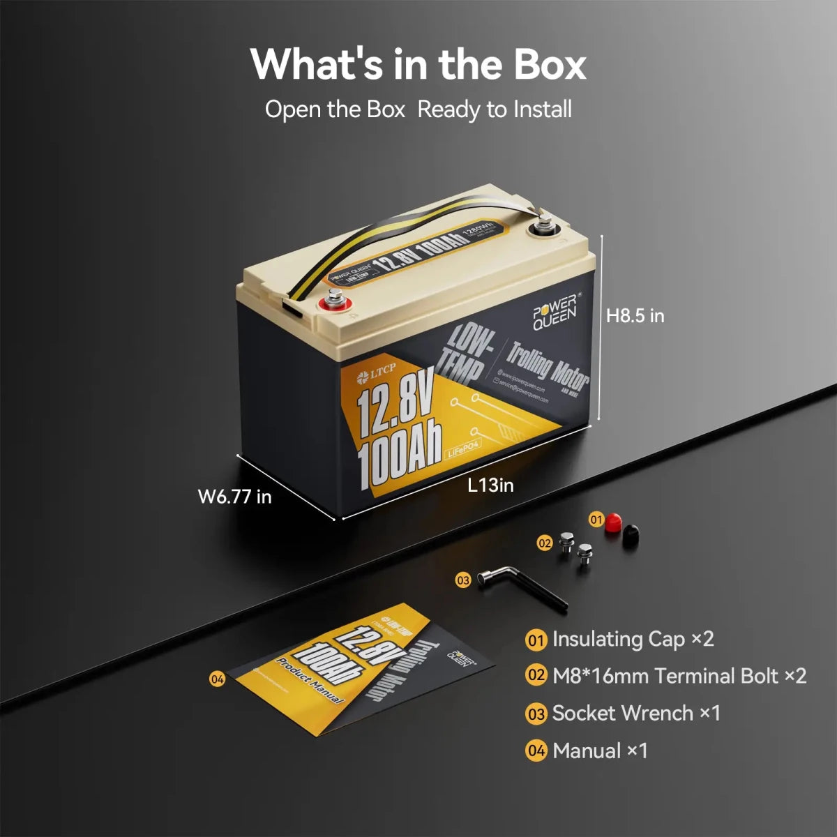 Power Queen-What‘s in the box,Insulating Cap x2,02 M8*16mm ,Terminal Bolt x2,Socket Wrench x1,Manual x1