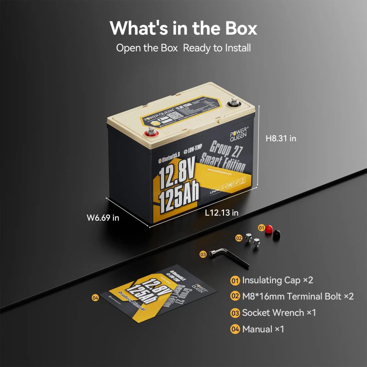 Power Queen-What‘s in the box,Insulating Cap x2,02 M8*16mm ,Terminal Bolt x2,Socket Wrench x1,Manual x1