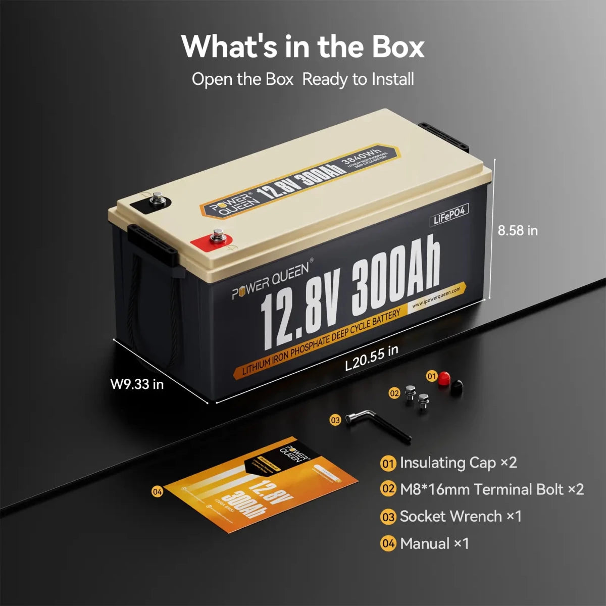 Power Queen-What‘s in the box,Insulating Cap x2,02 M8*16mm ,Terminal Bolt x2,Socket Wrench x1,Manual x1