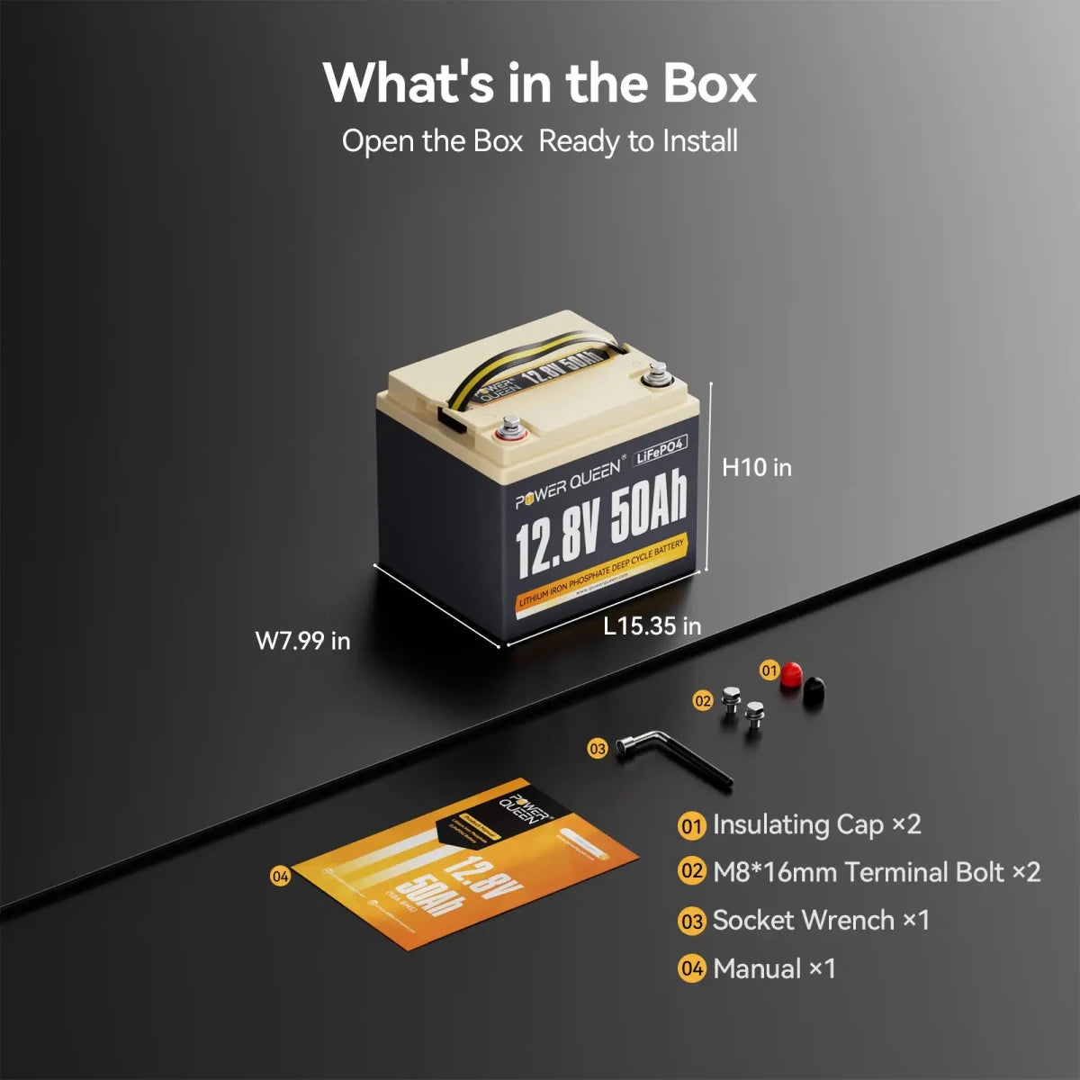 Power Queen-What‘s in the box,Insulating Cap x2,02 M8*16mm ,Terminal Bolt x2,Socket Wrench x1,Manual x1