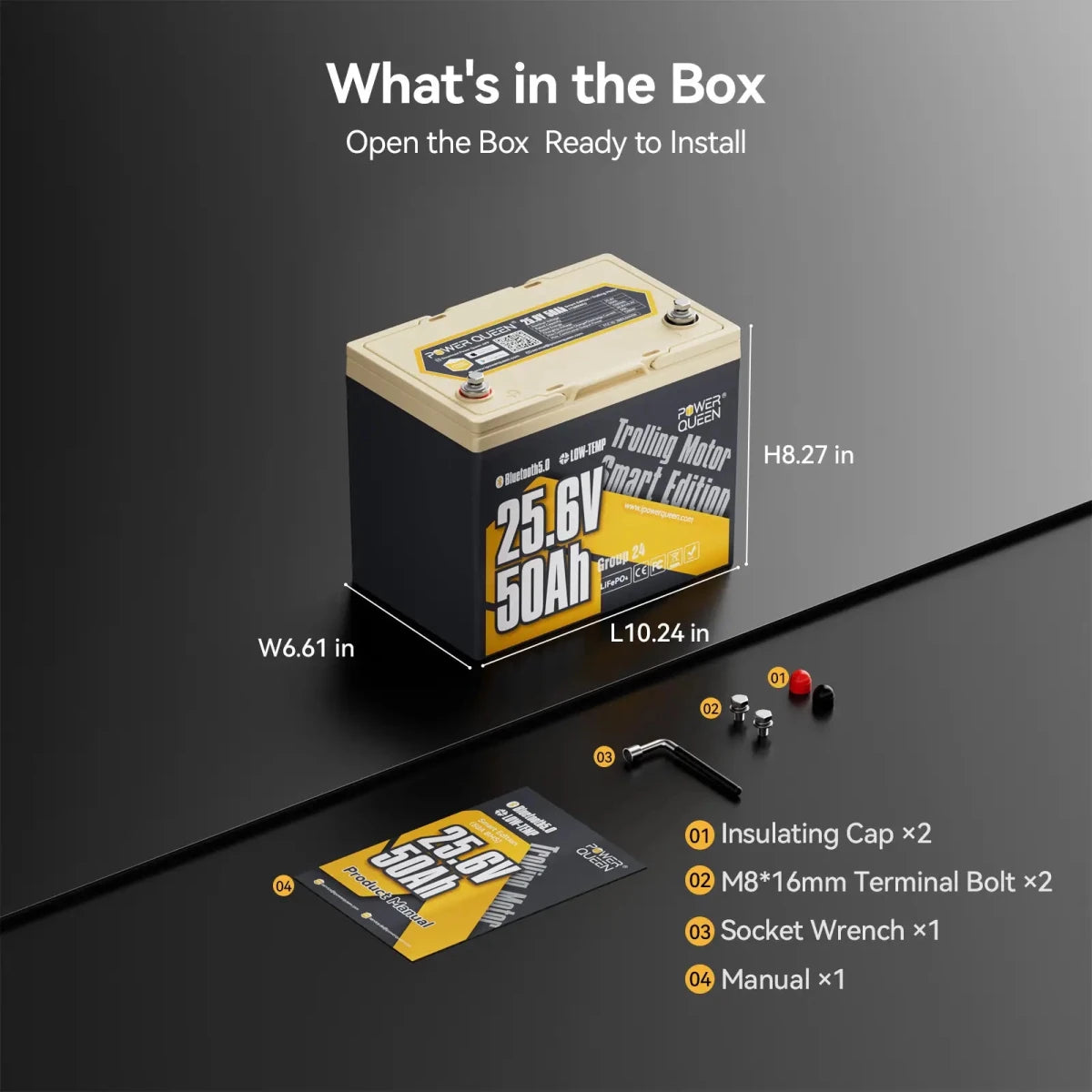 Power Queen-What‘s in the box,Insulating Cap x2,02 M8*16mm ,Terminal Bolt x2,Socket Wrench x1,Manual x1