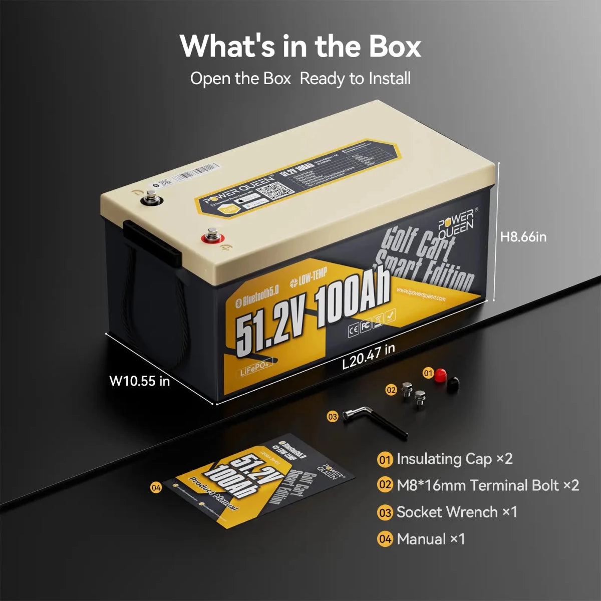 Power Queen-What‘s in the box,Insulating Cap x2,02 M8*16mm ,Terminal Bolt x2,Socket Wrench x1,Manual x1