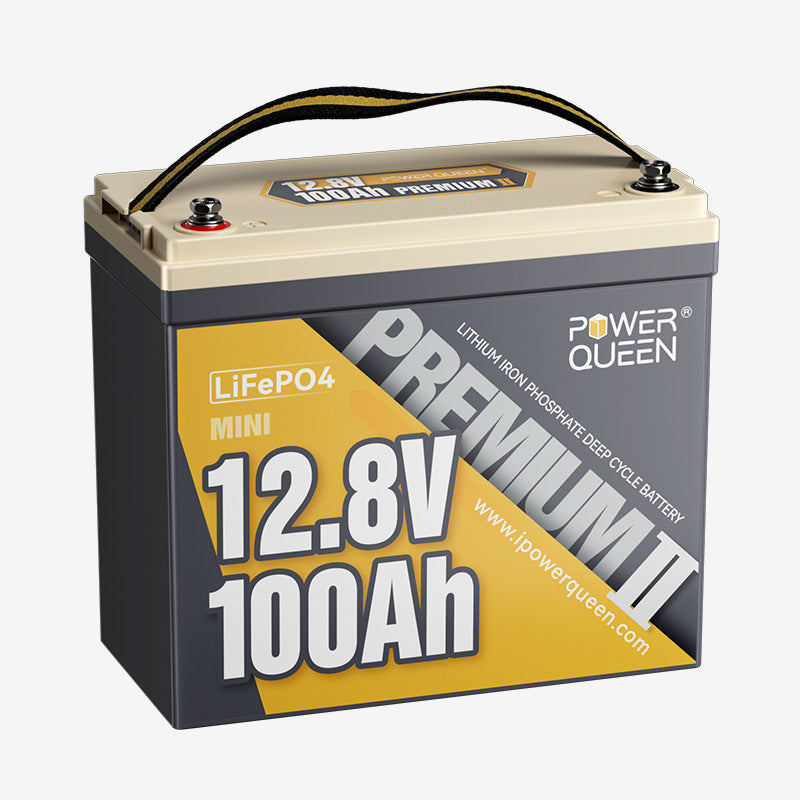Power Queen 12V 100Ah Mini LiFePO4 deep cycle battery front view showcasing compact design and handle