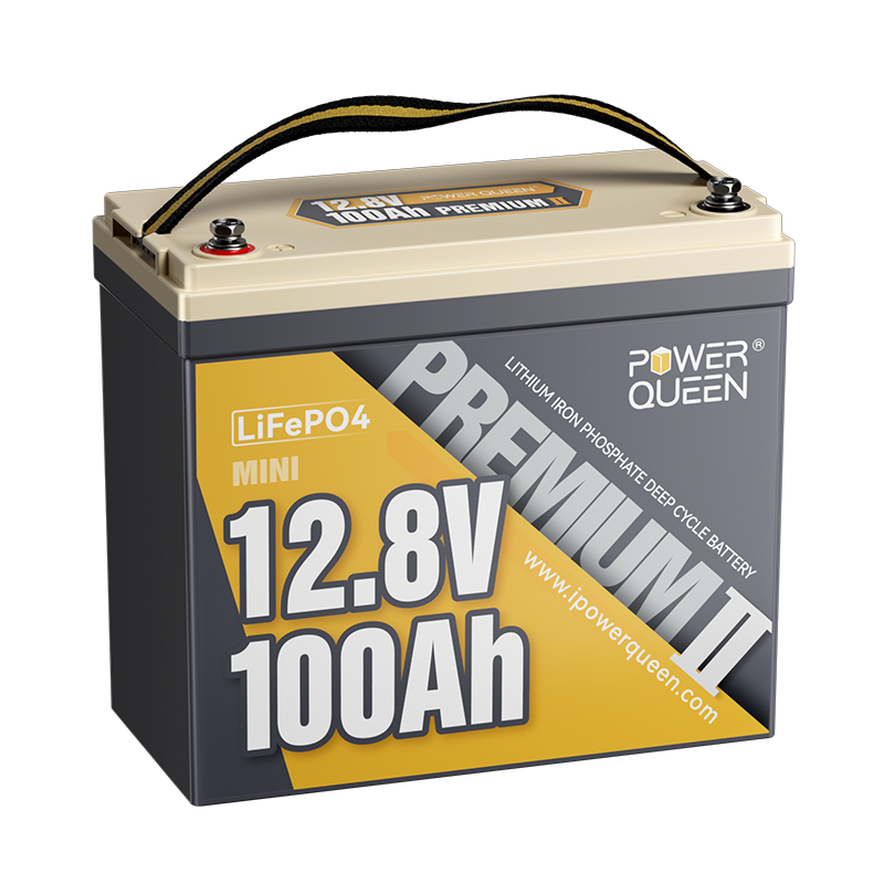 Power Queen 12V 100Ah Mini LiFePO4 deep cycle battery front view showcasing compact design and handle