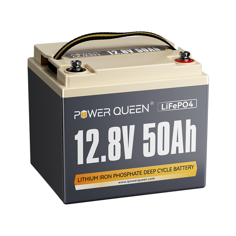 Close-up of Power Queen 12V 50Ah LiFePO4 deep cycle battery with compact design
