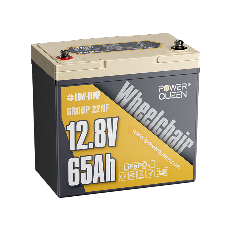 Power Queen 12V 65Ah 22NF LiFePO4 wheelchair battery front view, compact and safe lithium replacement for lead-acid batteries.