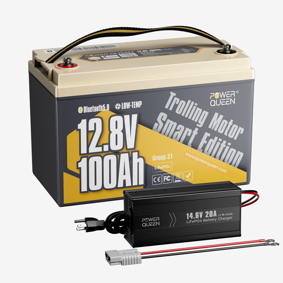 Power Queen 12V 20A Charger Kit With 12V 100Ah Low-Temp Smart Deep Cycle Lithium Battery
