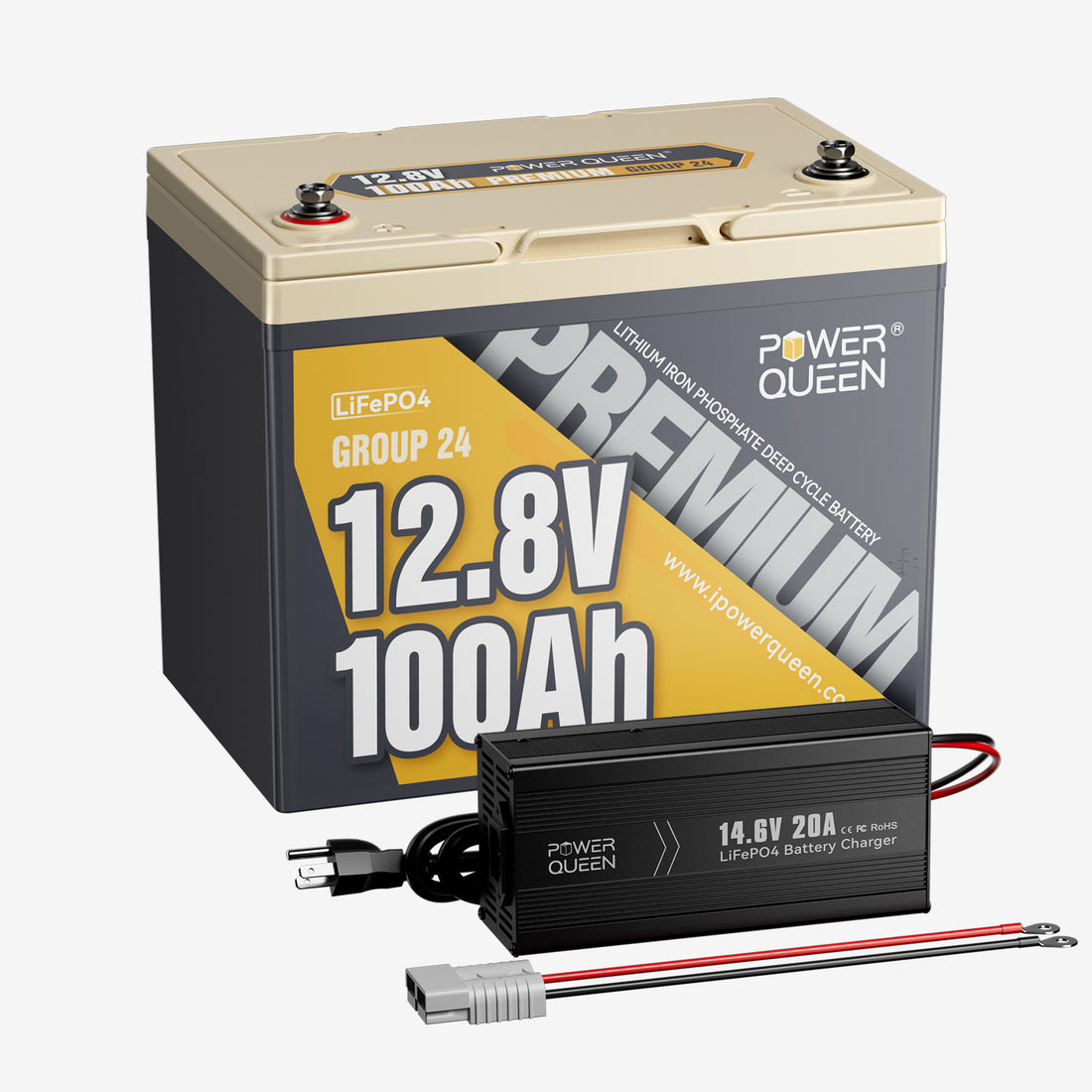 Power Queen 12V 20A Charger Kit With 12V 100Ah Group 24 Deep Cycle Lithium Battery