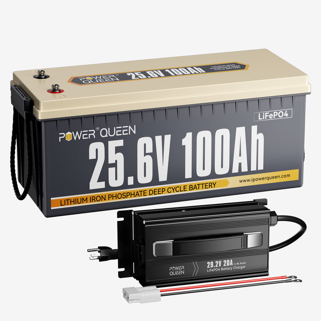 Power Queen 29.2V 20A Charger Kit With 24V 100Ah Deep Cycle Lithium Battery