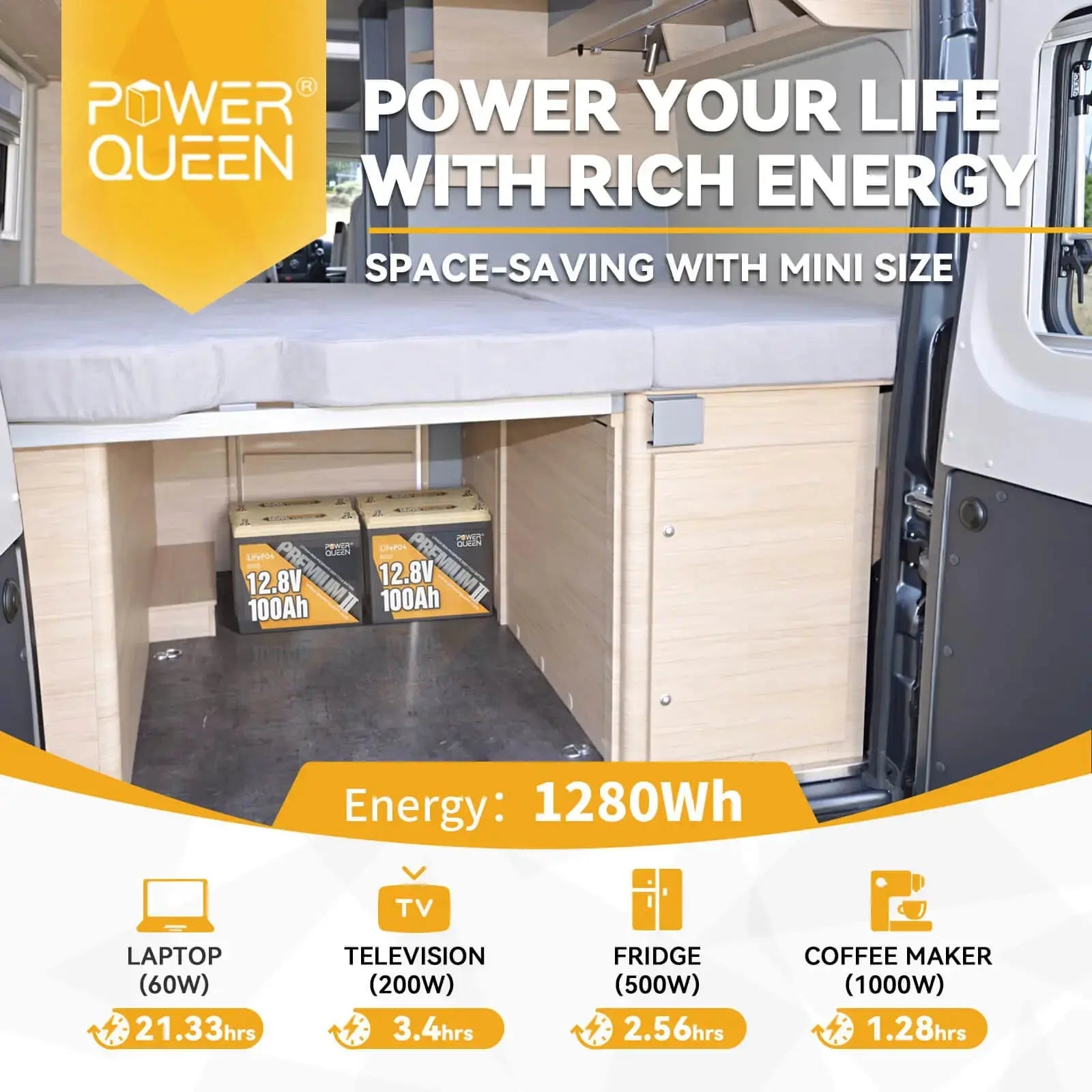 Power Queen 12.8V 100Ah Mini LiFePO4 Battery+14.6V 20A Charger Power Queen
