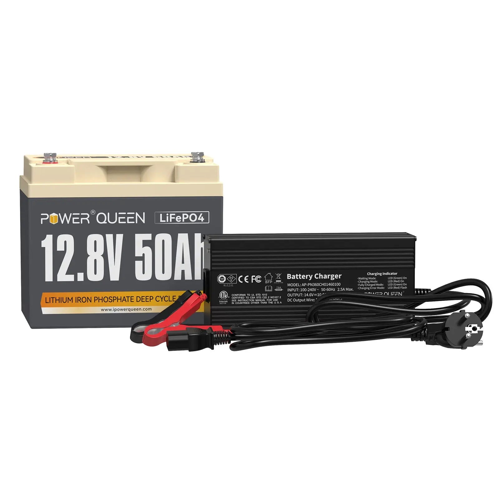 Power Queen 12.8V 50Ah LiFePO4 Battery + 14.6V 10A Charger Power Queen