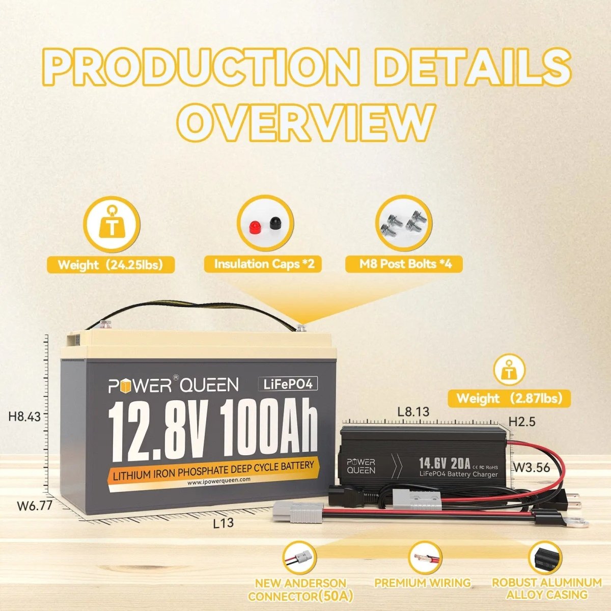 Power Queen 12V 20A Charger Kit With 12V 100Ah Deep Cycle Lithium Battery Power Queen