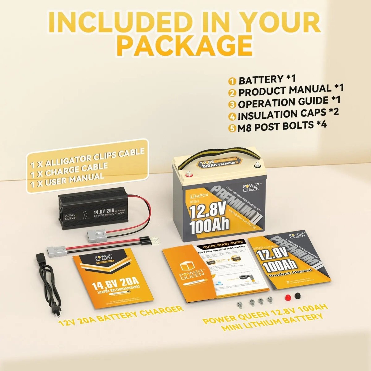 Power Queen 12V 20A Charger Kit With 12V 100Ah Mini Deep Cycle Lithium Battery Power Queen
