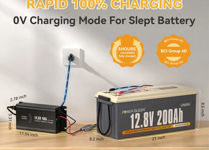 Power Queen 12V 20A Charger Kit With 12V 200Ah Plus Deep Cycle Lithium Battery Power Queen