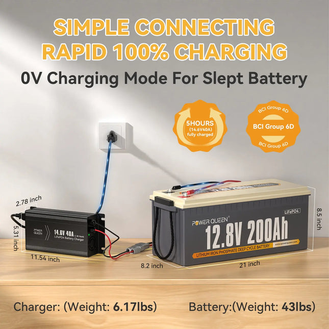 Power Queen 12V 20A Charger Kit With 12V 200Ah Plus Deep Cycle Lithium Battery Power Queen