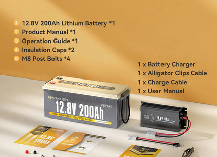 Power Queen 12V 20A Charger Kit With 12V 200Ah Plus Deep Cycle Lithium Battery Power Queen