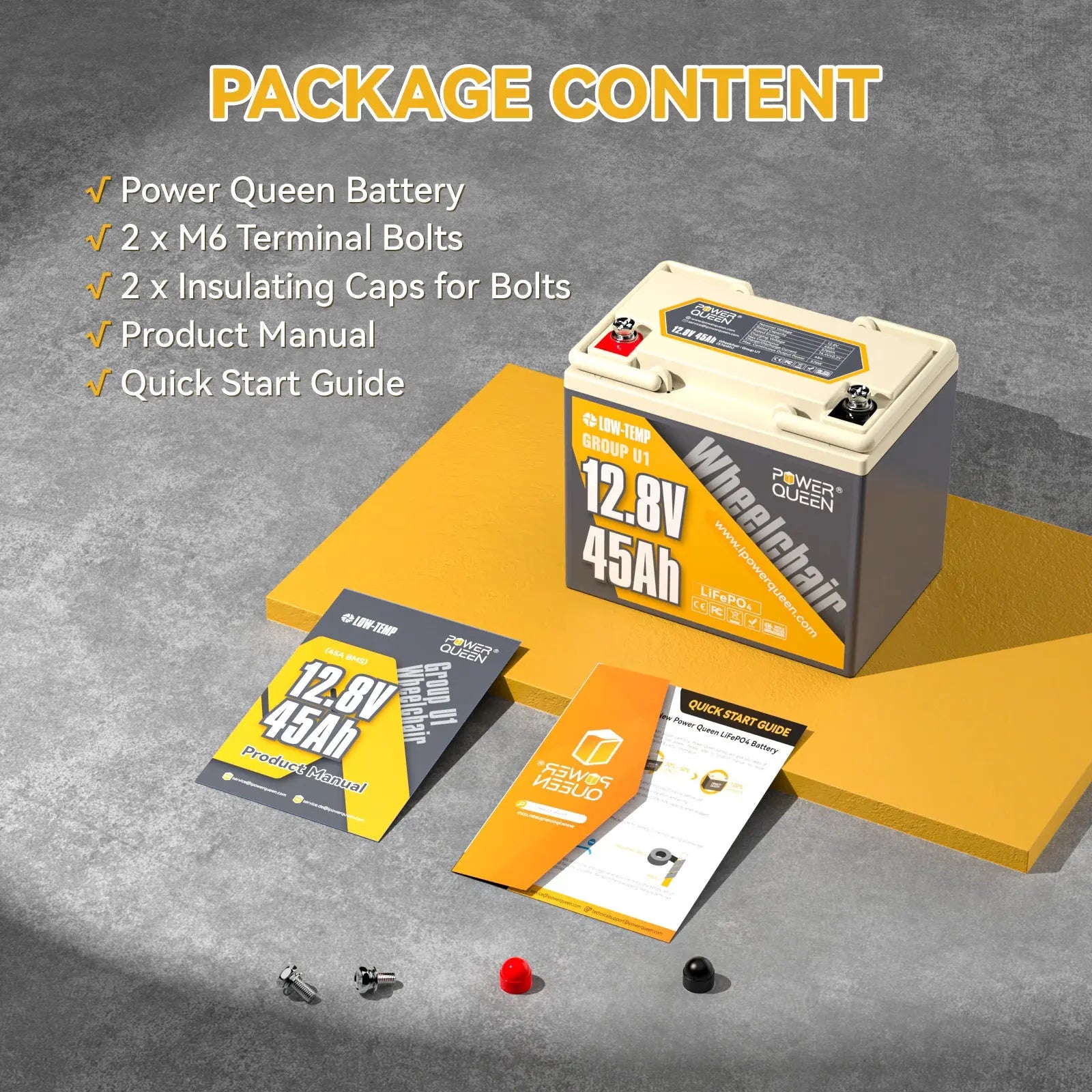 Power Queen 12V 45Ah Group U1 Wheelchair Lithium Battery package content