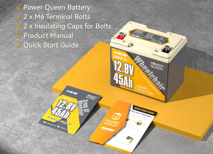 Power Queen 12V 45Ah Group U1 Wheelchair Lithium Battery package content