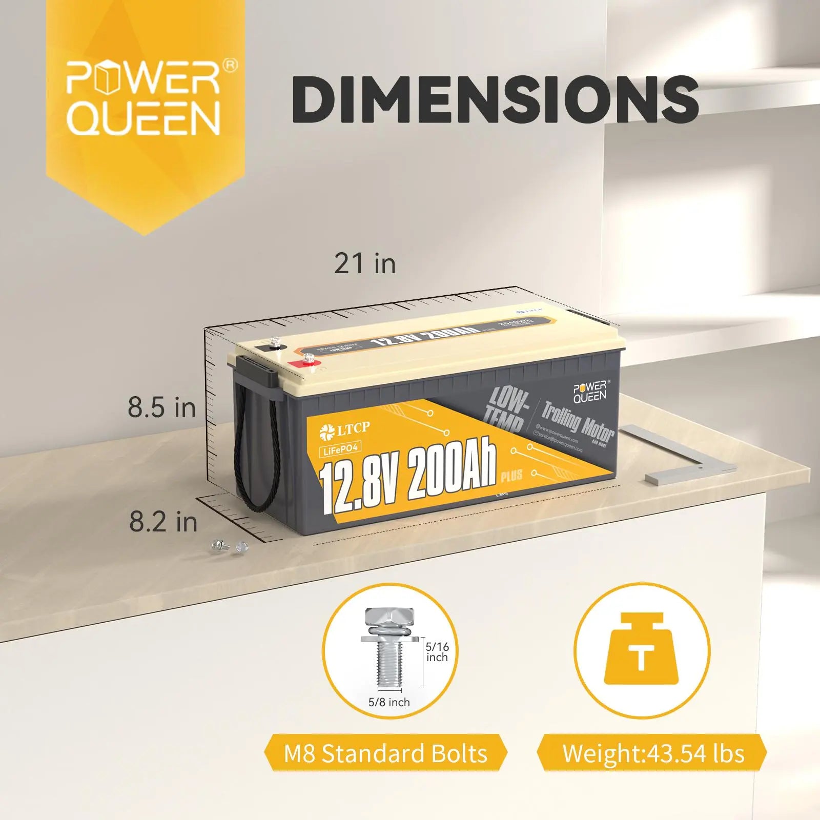 the dimensions of Power Queen 12V 200Ah PLUS Low-Temp Deep Cycle Lithium Battery