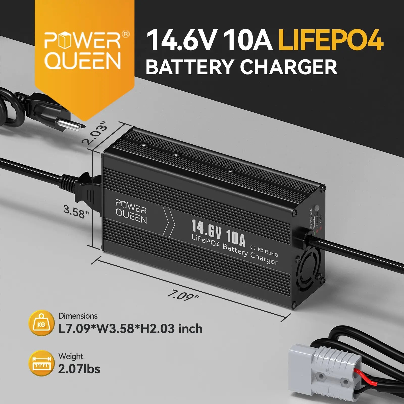 the dimension and weight of Power Queen 14.6V 10A LiFePO4 Battery Charger