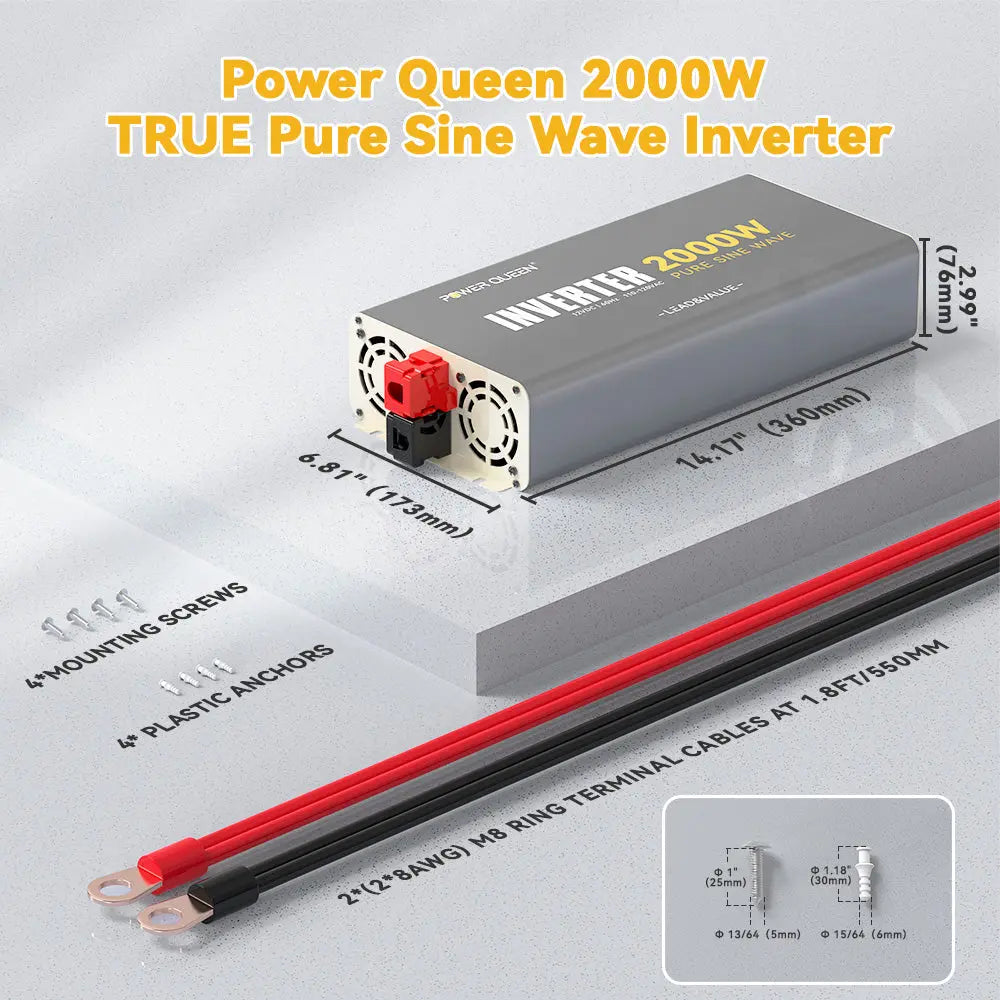 Power Queen 2000W Solar Power Inverter 12V DC to 110V-120V AC Converter with 2 AC Outlets Power Queen