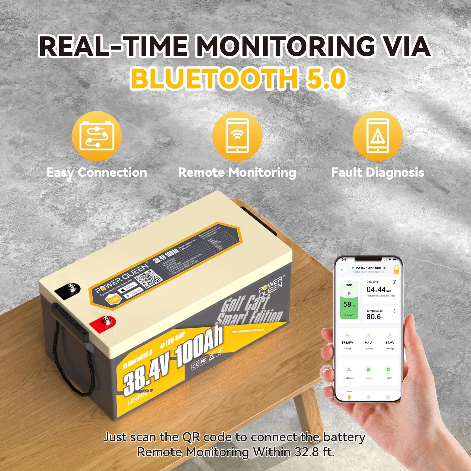 Power Queen 36V 100Ah Lithium Battery real-time monitoring via bluetooth 5.0