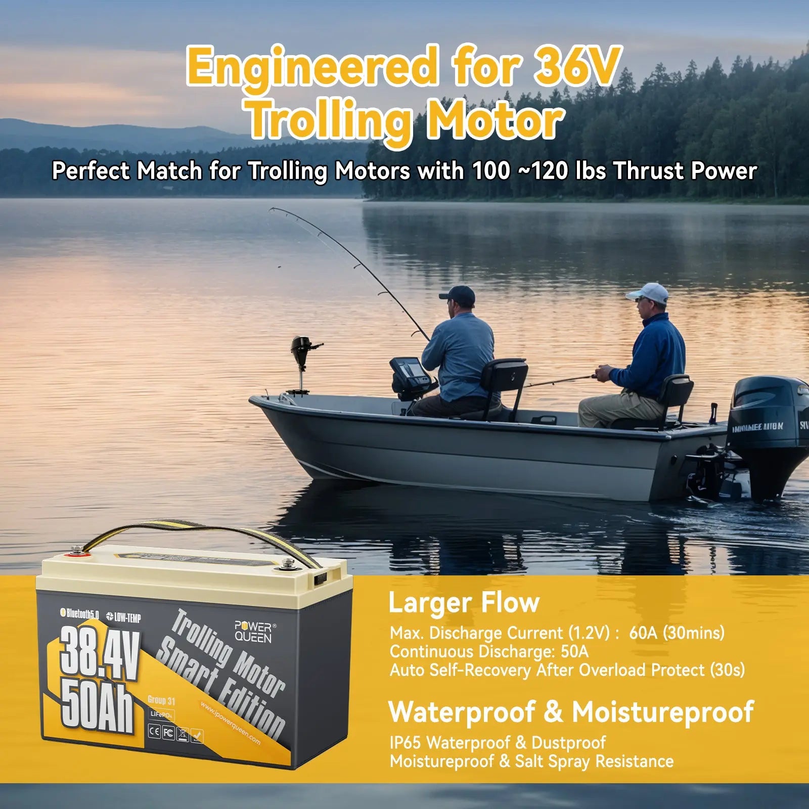 Power Queen 36V 50Ah Smart Lithium Battery engineered for 36V trolling motor